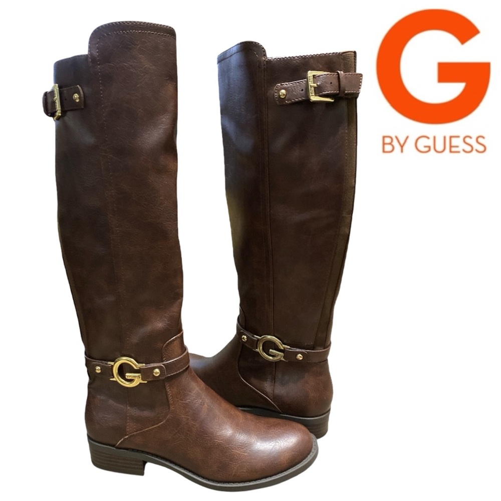 G by GUESS Womens Hustle Dark Brown Moto Riding Boots Side Zipper Buckle Sz 7.5
